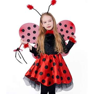 Girls Ladybug Costume, Halloween Deluxe Animal Fancy Dress Outfit with Wings (10pcs Set) 3-4T
