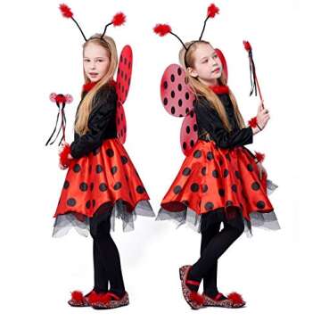 Girls Ladybug Costume, Halloween Deluxe Animal Fancy Dress Outfit with Wings (10pcs Set) 3-4T