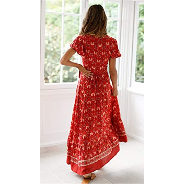 PRETTYGARDEN Women's Casual Long Summer Dresses Boho Floral Wrap V Neck Short Sleeve Split Maxi Beach Dress (Red -1,Small)