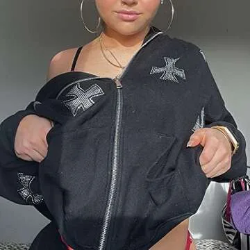 TINXIEA Women's E-Girl Oversized Sweatshirt Vintage Zip Up Hoodies Coat Long Sleeve 90s Streetwear Pullover Jacket(Black Rhinestone Cross, Large)