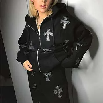 TINXIEA Women's E-Girl Oversized Sweatshirt Vintage Zip Up Hoodies Coat Long Sleeve 90s Streetwear Pullover Jacket(Black Rhinestone Cross, Large)