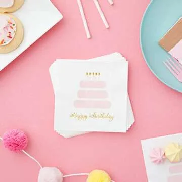 BLUE PANDA Light Pink Happy Birthday Cocktail Napkins with Gold Foil Accents - 3-Ply Paper Party Sup...