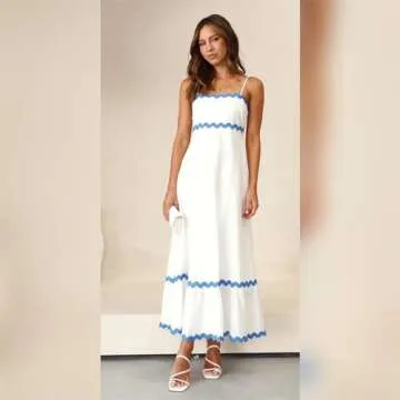 ABEWIP Summer Dresses for Women 2024 Rickrack Trim Spaghetti Straps Smocked Boho Flowy Ruffle Maxi Dress White M