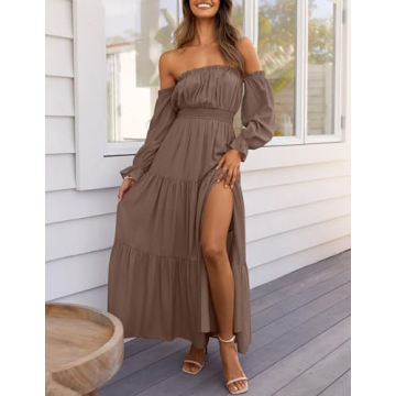 ZESICA Women's Boho Off Shoulder Maxi Dress in Coffee