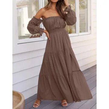 ZESICA Women's Boho Off Shoulder Maxi Dress in Coffee