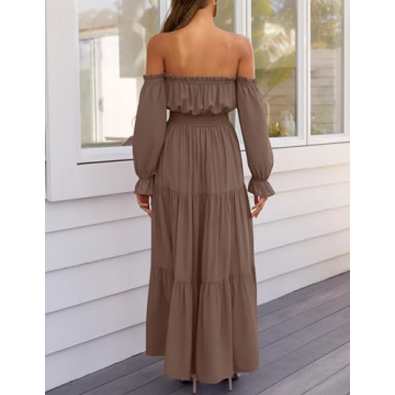 ZESICA Women's Boho Off Shoulder Maxi Dress in Coffee
