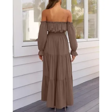ZESICA Women's Boho Off Shoulder Maxi Dress in Coffee