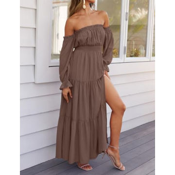 ZESICA Women's Boho Off Shoulder Maxi Dress in Coffee