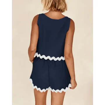 PRETTYGARDEN Women's 2 Piece Beach Vacation Outfits Casual Cropped Tank Top High Waist Shorts Set Tracksuit (Navy,Small)