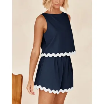 PRETTYGARDEN Women's 2 Piece Beach Vacation Outfits Casual Cropped Tank Top High Waist Shorts Set Tracksuit (Navy,Small)