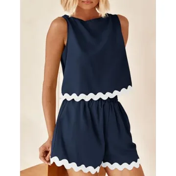 PRETTYGARDEN Women's 2 Piece Beach Vacation Outfits Casual Cropped Tank Top High Waist Shorts Set Tracksuit (Navy,Small)