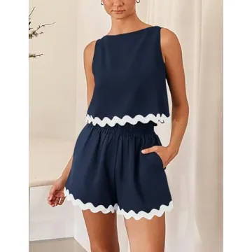 PRETTYGARDEN Women's 2 Piece Beach Vacation Outfits Casual Cropped Tank Top High Waist Shorts Set Tracksuit (Navy,Small)