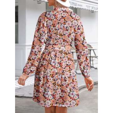 Dokotoo Long Sleeve Dresses for Women 2024 Fall Casual Crewneck Button Empire Waist Flowy Hem Fashio...