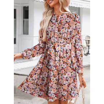 Dokotoo Long Sleeve Dresses for Women 2024 Fall Casual Crewneck Button Empire Waist Flowy Hem Fashion Boho Floral Mini Dress with Belt Pink Large