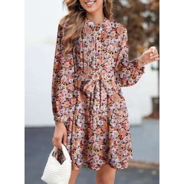Dokotoo Long Sleeve Dresses for Women 2024 Fall Casual Crewneck Button Empire Waist Flowy Hem Fashion Boho Floral Mini Dress with Belt Pink Large
