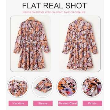 Dokotoo Long Sleeve Dresses for Women 2024 Fall Casual Crewneck Button Empire Waist Flowy Hem Fashion Boho Floral Mini Dress with Belt Pink Large