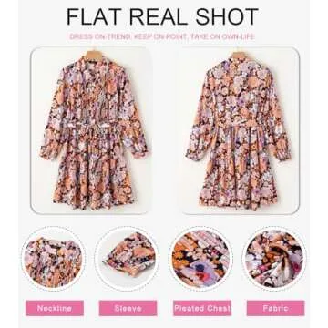 Dokotoo Long Sleeve Dresses for Women 2024 Fall Casual Crewneck Button Empire Waist Flowy Hem Fashion Boho Floral Mini Dress with Belt Pink Large