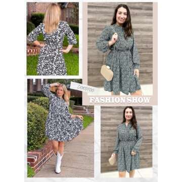 Dokotoo Long Sleeve Dresses for Women 2024 Fall Casual Crewneck Button Empire Waist Flowy Hem Fashion Boho Floral Mini Dress with Belt Pink Large