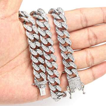 Wealthmao 13mm Cuban Link Chain for Mens Women Heavy Strong Iced Out Miami Curb Bling Hip Hop Necklace Silver Plated Rhinestone CZ Clasp Jewelry Choker Chain 18"