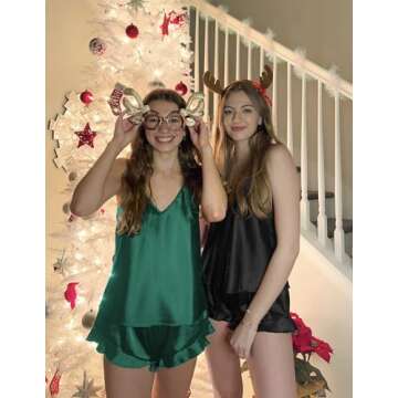 Ekouaer Satin Pajama Set for Women Silk Pjs for Women Set Camisole Top and Shorts with Ruffle Sleepwear Dark Green