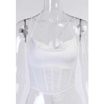 Women's Slim Bustier Sexy V Neck Backless Corset Stretch Open Back Mesh Crop Top Spaghetti Strap Clubwear S