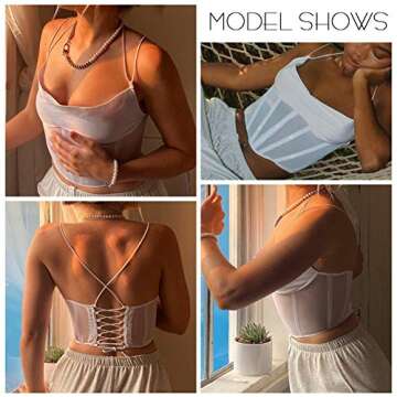 Women's Slim Bustier Sexy V Neck Backless Corset Stretch Open Back Mesh Crop Top Spaghetti Strap Clubwear S