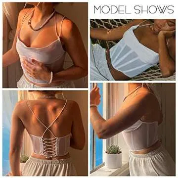 Women's Slim Bustier Sexy V Neck Backless Corset Stretch Open Back Mesh Crop Top Spaghetti Strap Clubwear S