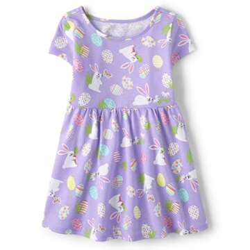The Children's Place Toddler Girls Short Sleeve Fashion Dress, Purple Bunnies, 4T