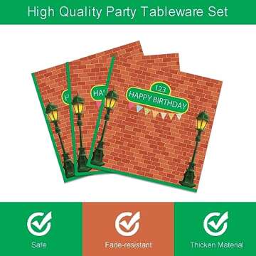 96 Pieces Red Brick Wall Street Party Supplies Tableware Set for 24 Guests Cartoon Sesame Party Paper Plates Napkins Decorations Birthday Party Decorations for Kids Boys Girls