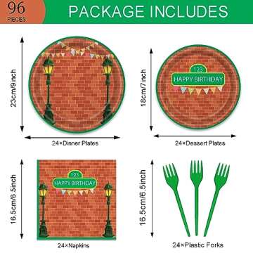 96 Pieces Red Brick Wall Street Party Supplies Tableware Set for 24 Guests Cartoon Sesame Party Paper Plates Napkins Decorations Birthday Party Decorations for Kids Boys Girls