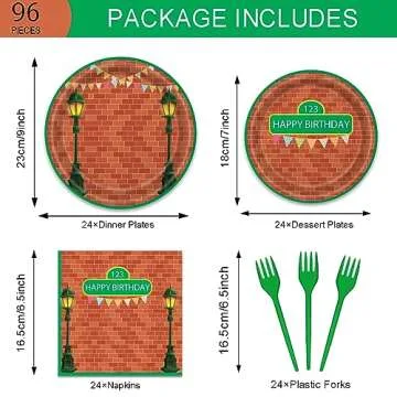 96 Pieces Red Brick Wall Street Party Supplies Tableware Set for 24 Guests Cartoon Sesame Party Paper Plates Napkins Decorations Birthday Party Decorations for Kids Boys Girls