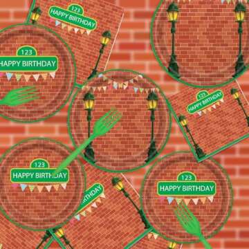 96 Pieces Red Brick Wall Street Party Supplies Tableware Set for 24 Guests Cartoon Sesame Party Paper Plates Napkins Decorations Birthday Party Decorations for Kids Boys Girls