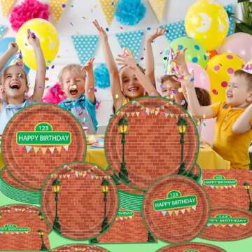 96 Pieces Red Brick Wall Street Party Supplies Tableware Set for 24 Guests Cartoon Sesame Party Paper Plates Napkins Decorations Birthday Party Decorations for Kids Boys Girls
