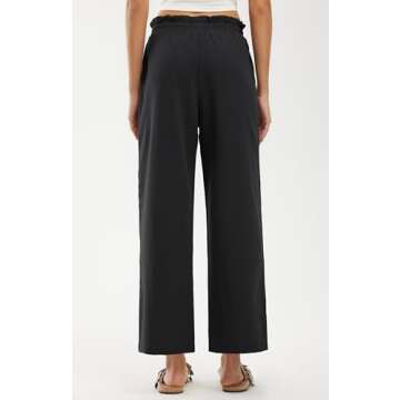 Libin Womens Linen Pants Summer High Waisted Wide Leg Drawstring Casual Loose Palazzo Pants Lounge Beach Trousers with Pockets, Black, Small