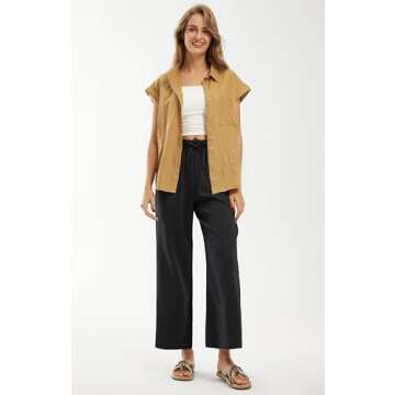 Libin Womens Linen Pants Summer High Waisted Wide Leg Drawstring Casual Loose Palazzo Pants Lounge Beach Trousers with Pockets, Black, Small