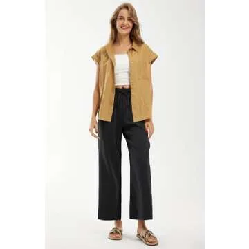 Libin Womens Linen Pants Summer High Waisted Wide Leg Drawstring Casual Loose Palazzo Pants Lounge Beach Trousers with Pockets, Black, Small