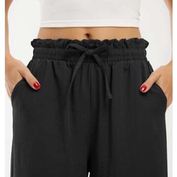 Libin Womens Linen Pants Summer High Waisted Wide Leg Drawstring Casual Loose Palazzo Pants Lounge Beach Trousers with Pockets, Black, Small