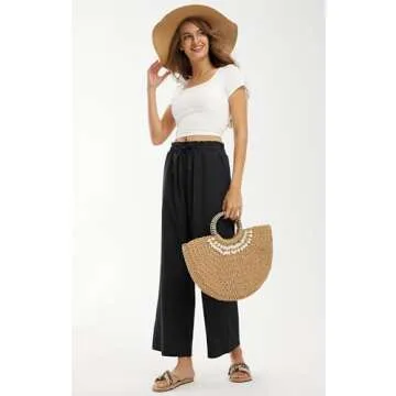Libin Womens Linen Pants Summer High Waisted Wide Leg Drawstring Casual Loose Palazzo Pants Lounge Beach Trousers with Pockets, Black, Small