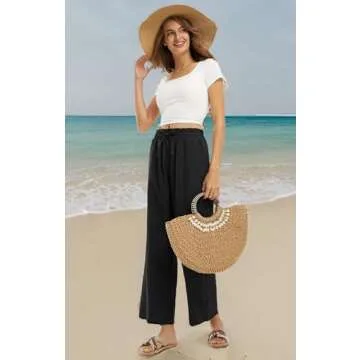 Libin Womens Linen Pants Summer High Waisted Wide Leg Drawstring Casual Loose Palazzo Pants Lounge Beach Trousers with Pockets, Black, Small
