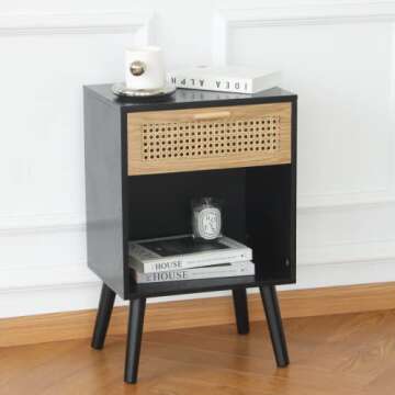 MaxSmeo Mid Century Modern Nightstand, Rattan Side Table with Drawer for Bedside, Living Room, Bedro...