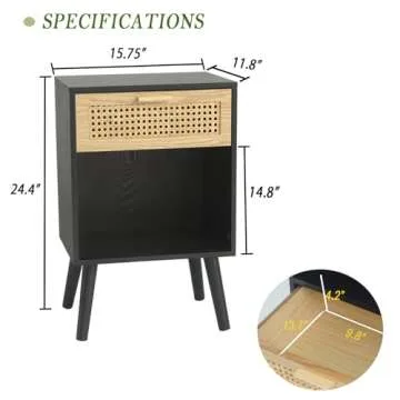 MaxSmeo Mid Century Modern Nightstand, Rattan Side Table with Drawer for Bedside, Living Room, Bedroom and Small Spaces, Black
