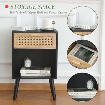 MaxSmeo Mid Century Modern Nightstand, Rattan Side Table with Drawer for Bedside, Living Room, Bedroom and Small Spaces, Black