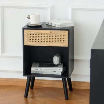 MaxSmeo Mid Century Modern Nightstand, Rattan Side Table with Drawer for Bedside, Living Room, Bedroom and Small Spaces, Black