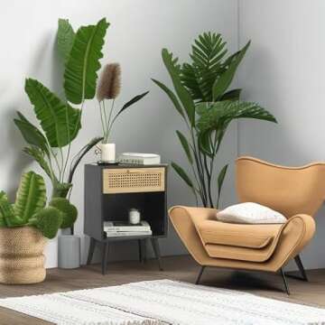 MaxSmeo Mid Century Modern Nightstand, Rattan Side Table with Drawer for Bedside, Living Room, Bedroom and Small Spaces, Black