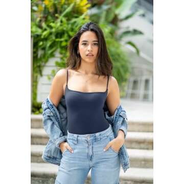 SUUKSESS Women Sexy Square Neck Thong Bodysuit Backless Sleeveless Basic Cami Body Suit Top (Navy Blue, S)