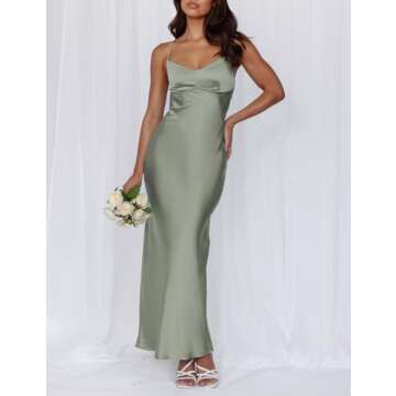 Summer Sexy Satin Spaghetti Strap Maxi Dress for Women Backless Sleeveless Slit Tie Back Cocktail Dresses Wedding Guest Sage