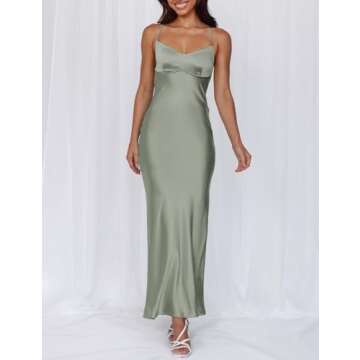 Summer Sexy Satin Spaghetti Strap Maxi Dress for Women Backless Sleeveless Slit Tie Back Cocktail Dresses Wedding Guest Sage