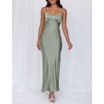 Summer Sexy Satin Spaghetti Strap Maxi Dress for Women Backless Sleeveless Slit Tie Back Cocktail Dresses Wedding Guest Sage