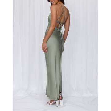 Summer Sexy Satin Spaghetti Strap Maxi Dress for Women Backless Sleeveless Slit Tie Back Cocktail Dresses Wedding Guest Sage