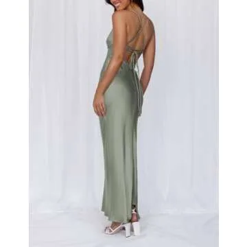 Summer Sexy Satin Spaghetti Strap Maxi Dress for Women Backless Sleeveless Slit Tie Back Cocktail Dresses Wedding Guest Sage